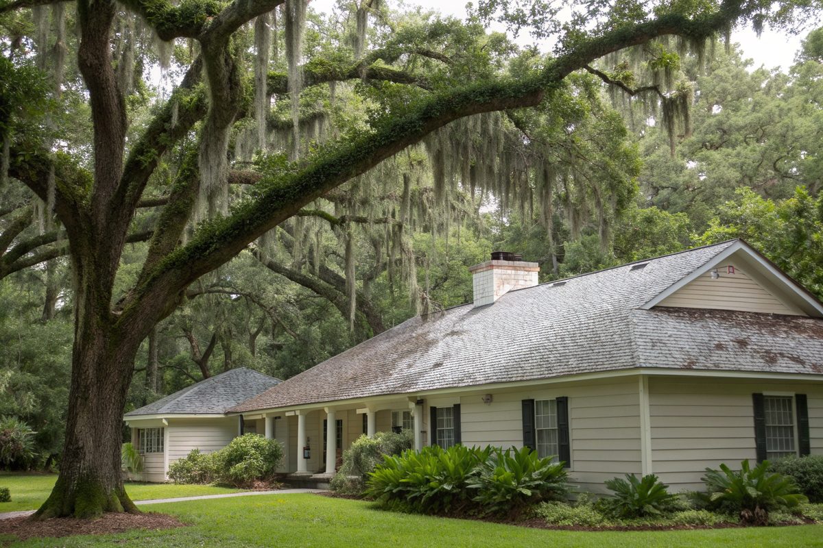A one-story house with a stained gray shingle roof under a large live oak hung with Spanish moss