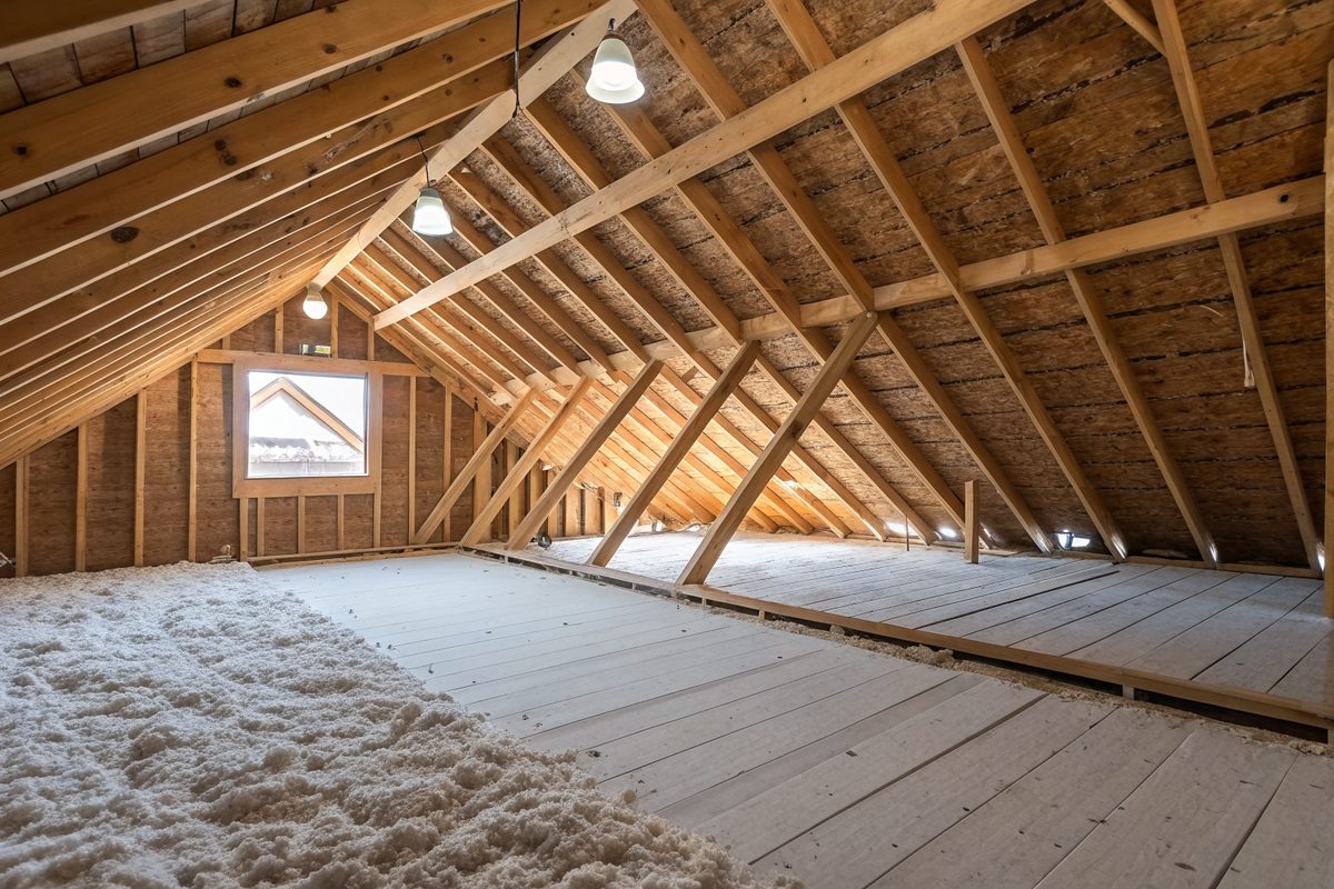 An attic with wood rafters, a small gable window and blown insulation on the floor