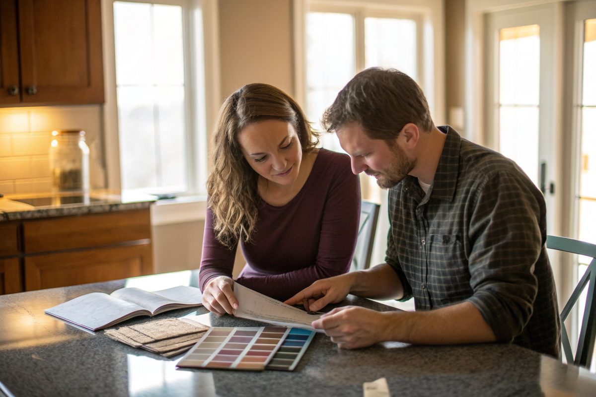 A couple at a kitchen table looking over roofing color samples