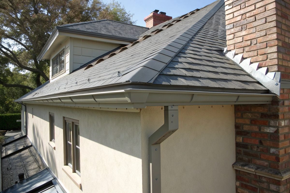 New metal flashing where a gray shingle roof meets a brick chimney beside a stucco wall