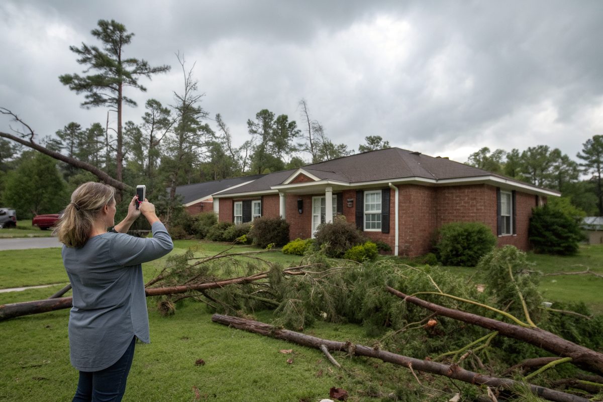 A homeowner photographing her brick house with a phone after a storm, with broken pine limbs on the lawn