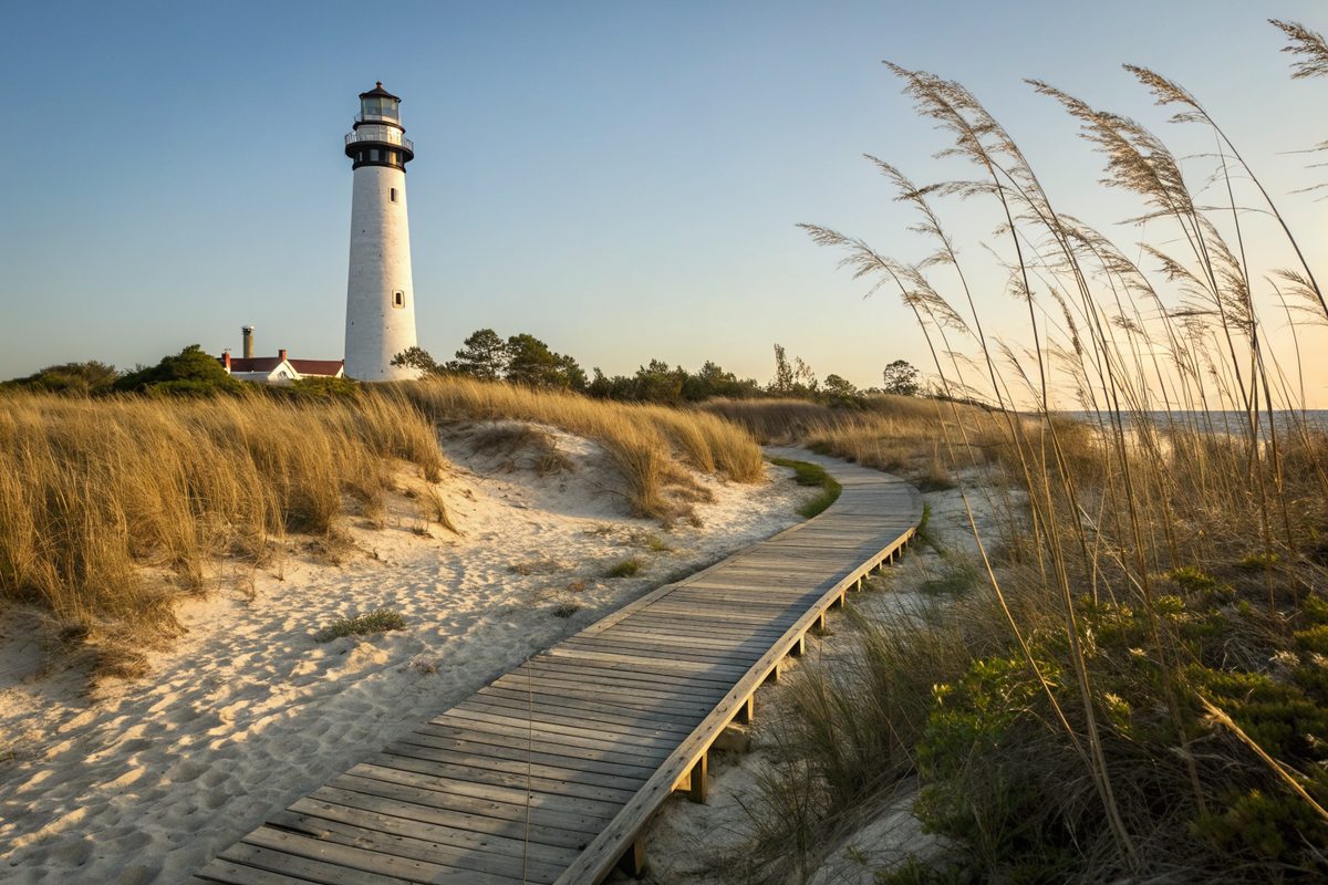 A white lighthouse with a black band above dunes, sea oats and a boardwalk