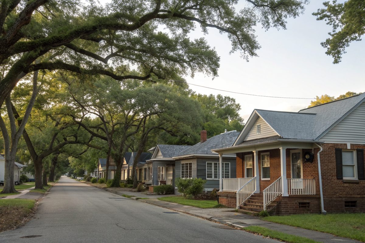 A street of brick and wood bungalows with front porches and gray shingle roofs under big shade trees