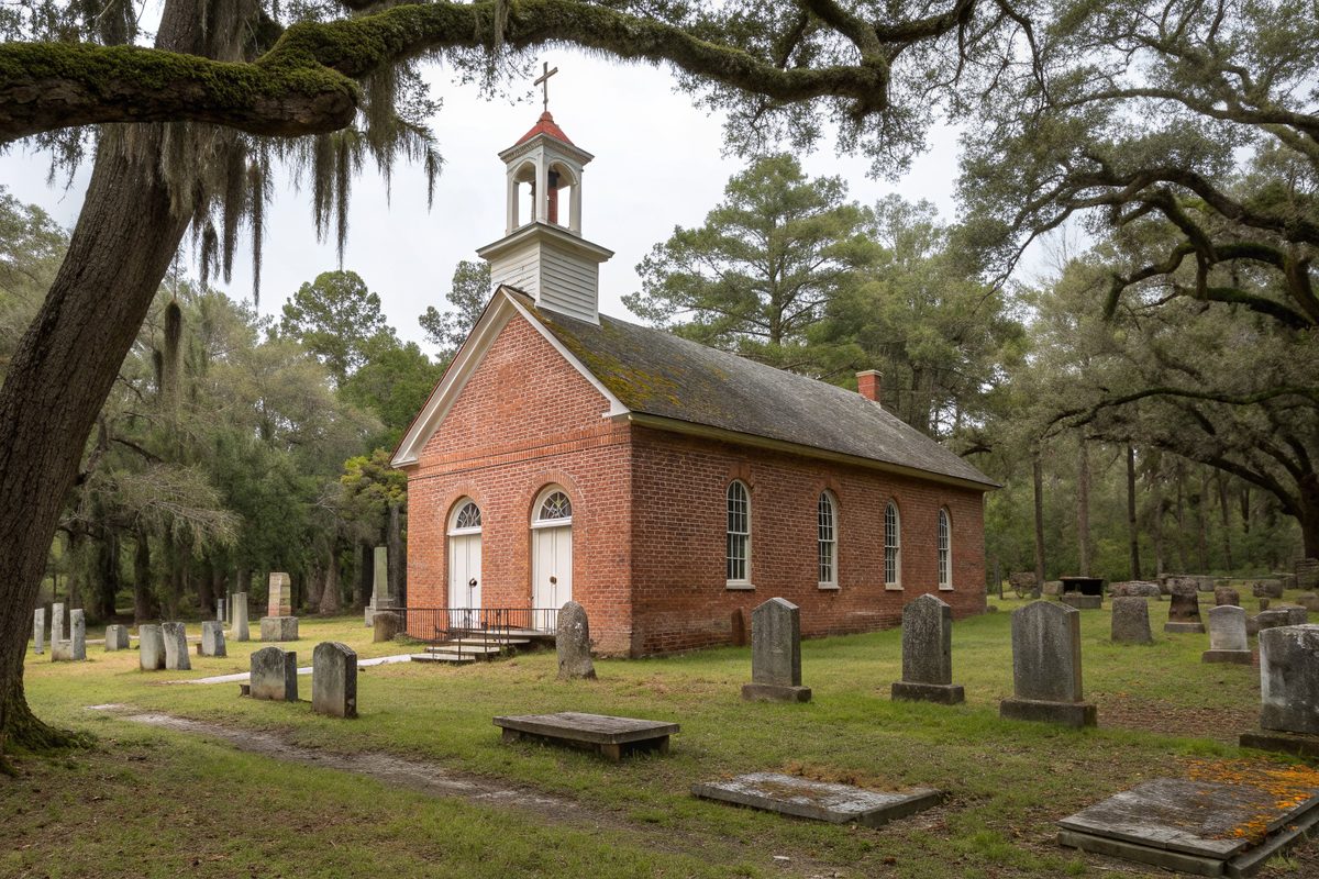 An old red-brick church with a small bell tower and historic graves under live oaks