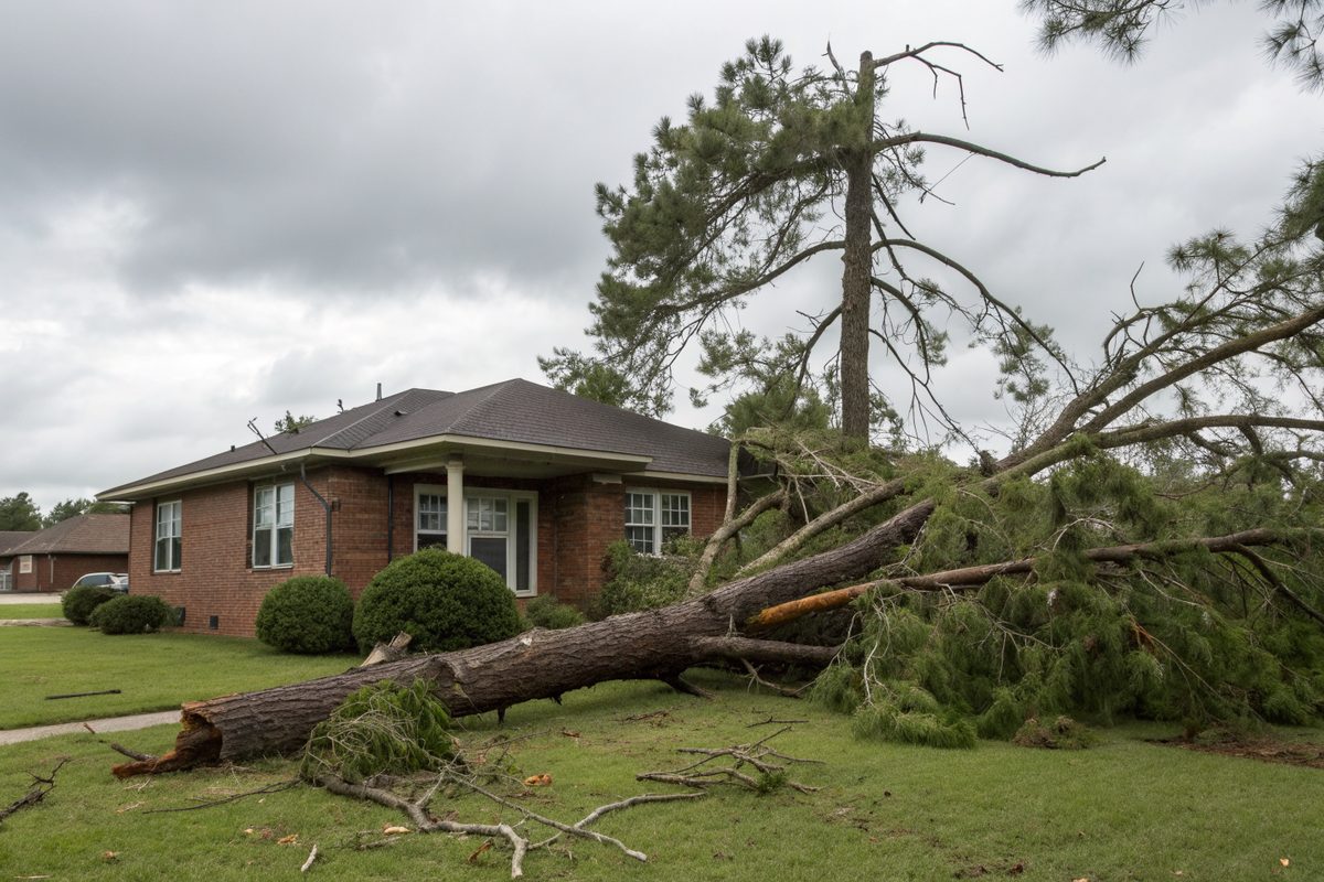 A large pine tree fallen beside a brick ranch house after a storm, with branches across the lawn