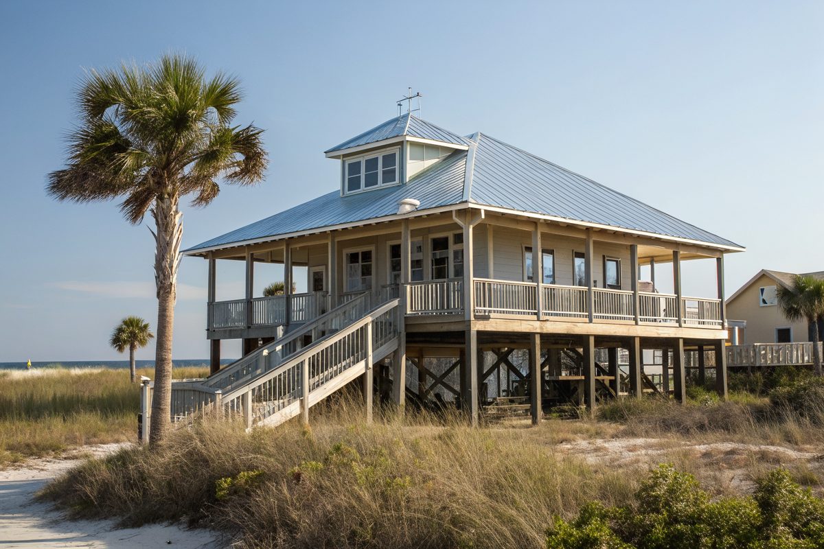 A raised beach cottage on pilings with a silver metal roof, porches and palmettos near the dunes