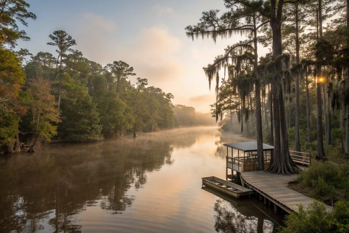 A calm river at sunrise with cypress trees and a small wooden boat landing