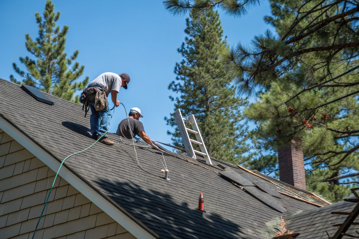 Two roofers installing new dark gray shingles on a roof among tall pines