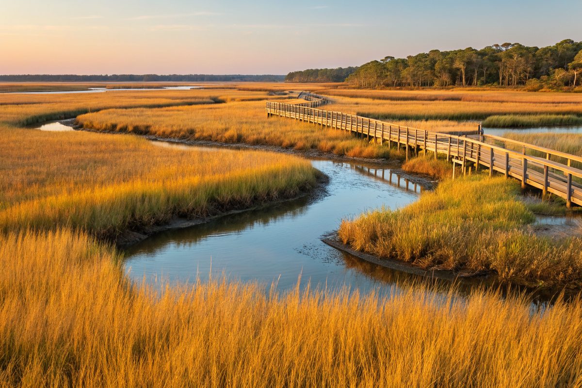 Golden salt marsh grass and a winding creek with a long wooden boardwalk at sunrise