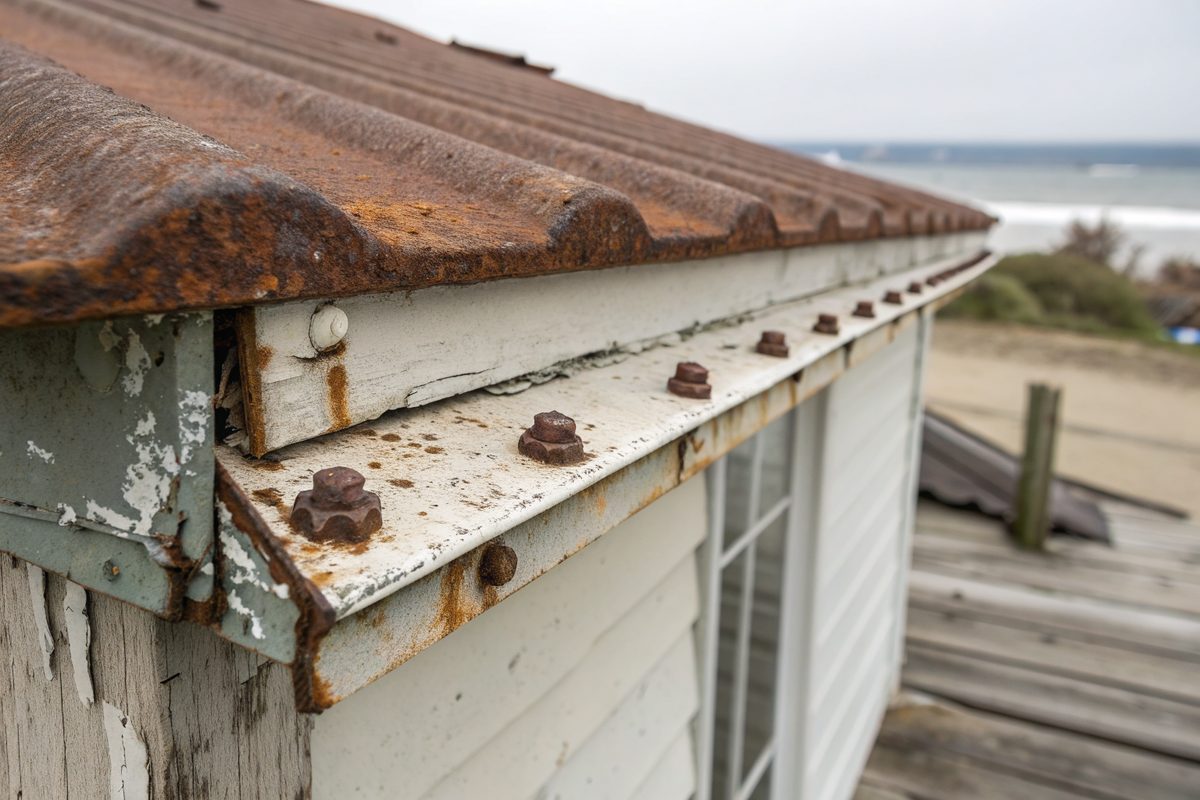 Rusted metal roofing and corroded fasteners on the trim of an older house near the beach