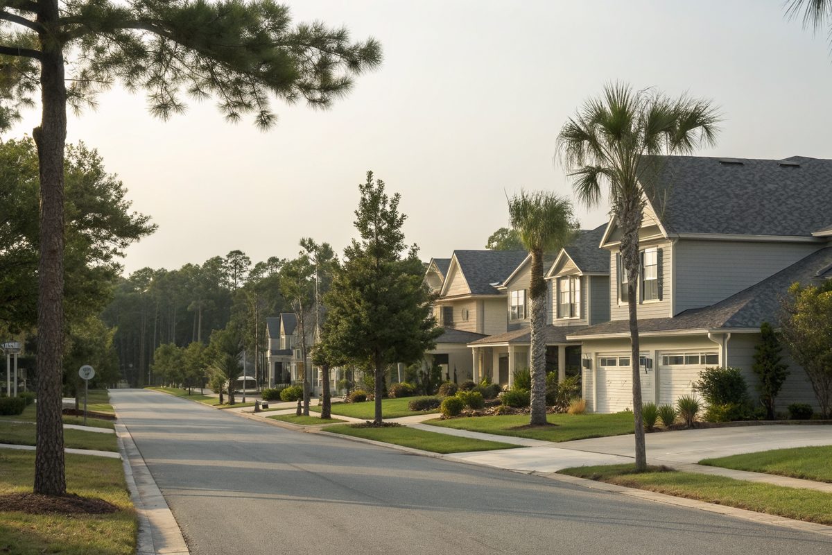 A newer subdivision street of two-story homes with gray shingle roofs, pines and palmettos