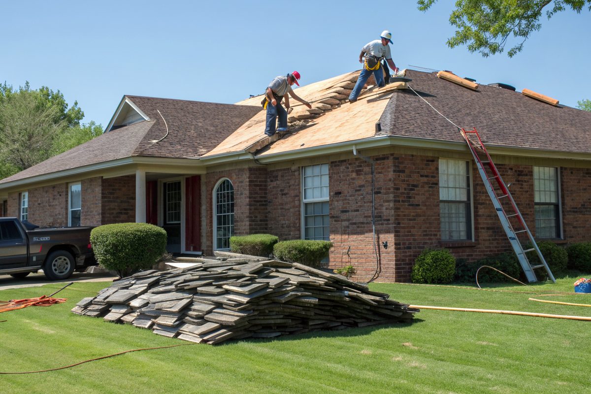 Roofers stripping old shingles from the hip roof of a brick ranch house, with old shingles piled on the lawn