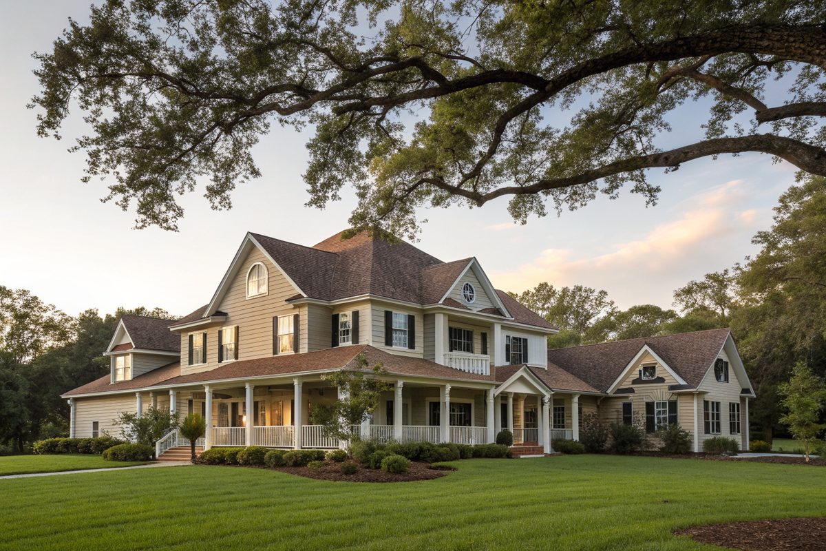 A large two-story home with many gables and a wraparound porch under a new brown shingle roof