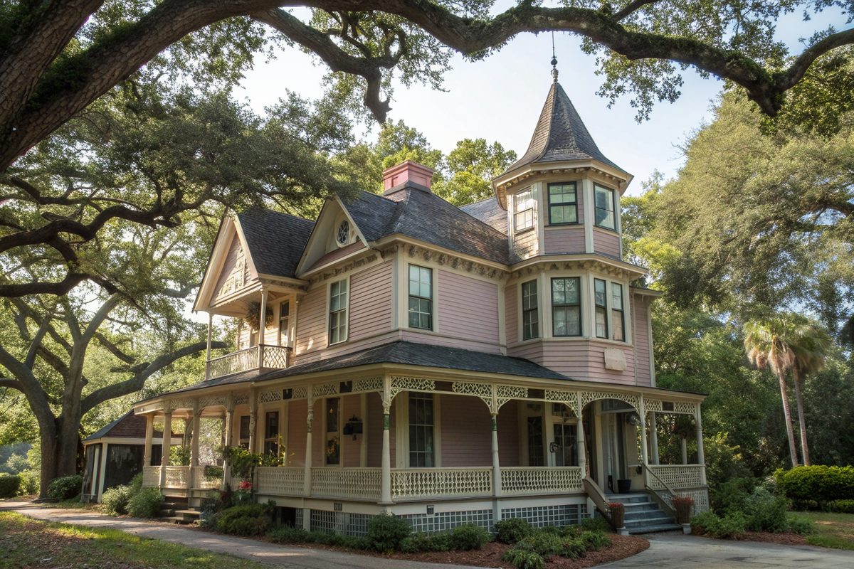 A pink Victorian house with a turret, decorative porch trim and a dark shingle roof under live oaks