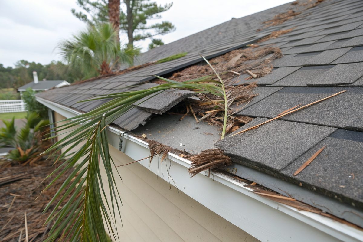 Wind-torn shingles and palm fronds on a roof edge after a storm